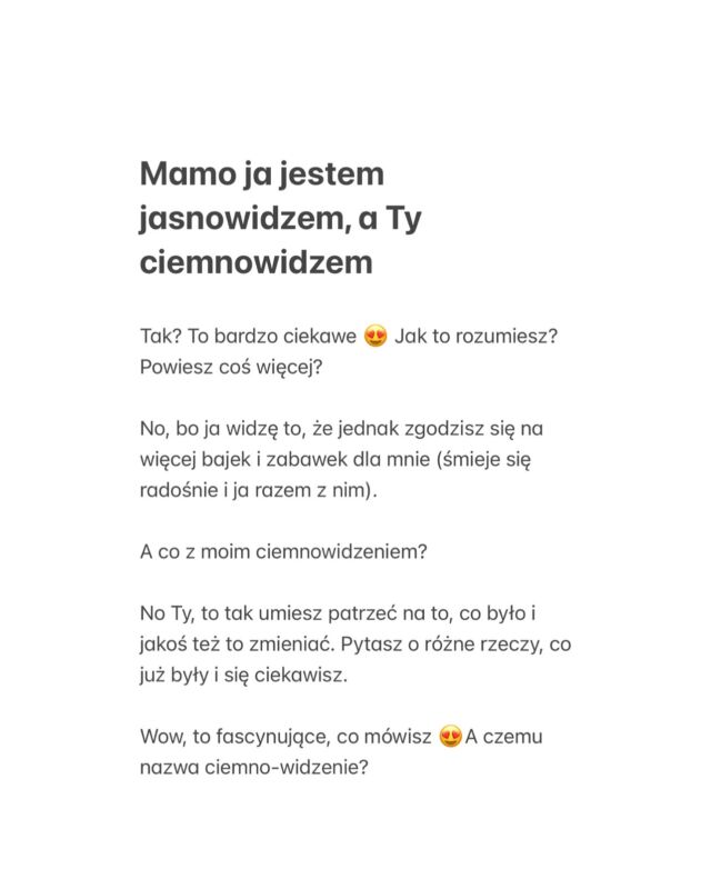 Coś pięknego, te rozmowy z 6 latkiem ❤️

Zaciekawienie się prowadzić może do pięknych odkryć świata dziecka i świata dorosłego także i w szczególności tego, co pomiędzy nami ❤️

Zachwycam się zaciekawieniem Drugim ❤️❤️❤️
Pięknego dnia 

Uściski,
Ania